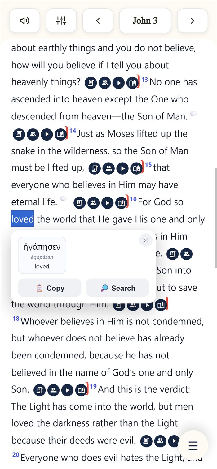 The word loved selected in John 3:16 with its original Greek form shown