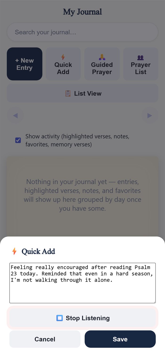 Quick Add journal entry filled in by voice dictation