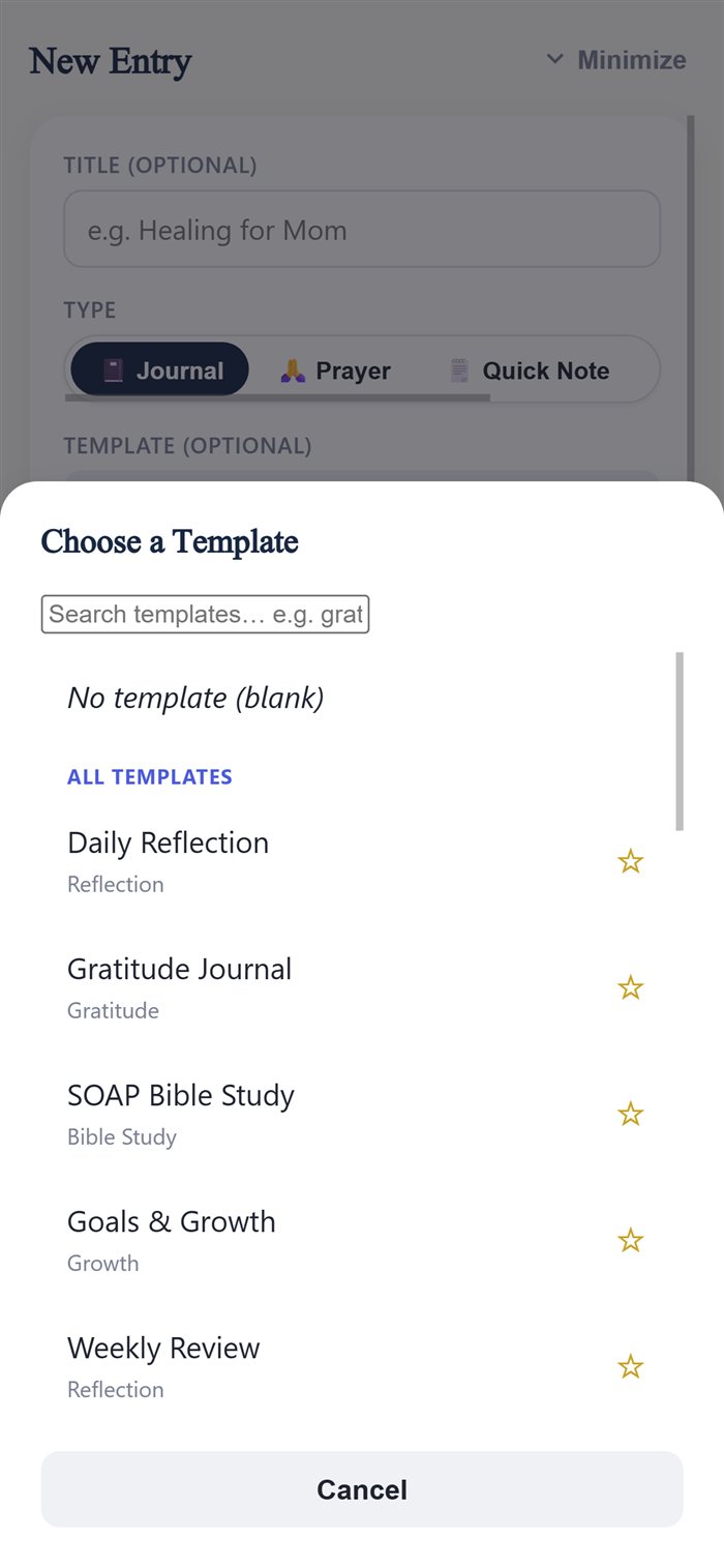 Journal template picker with reflection, gratitude, SOAP study, goals, and weekly review templates