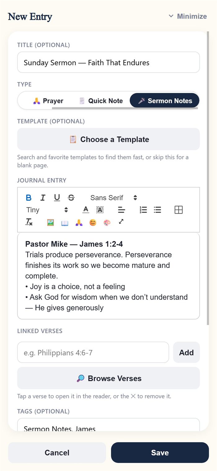 A New Entry set to Sermon Notes, with a live sermon outline typed in and a Minimize button in the header