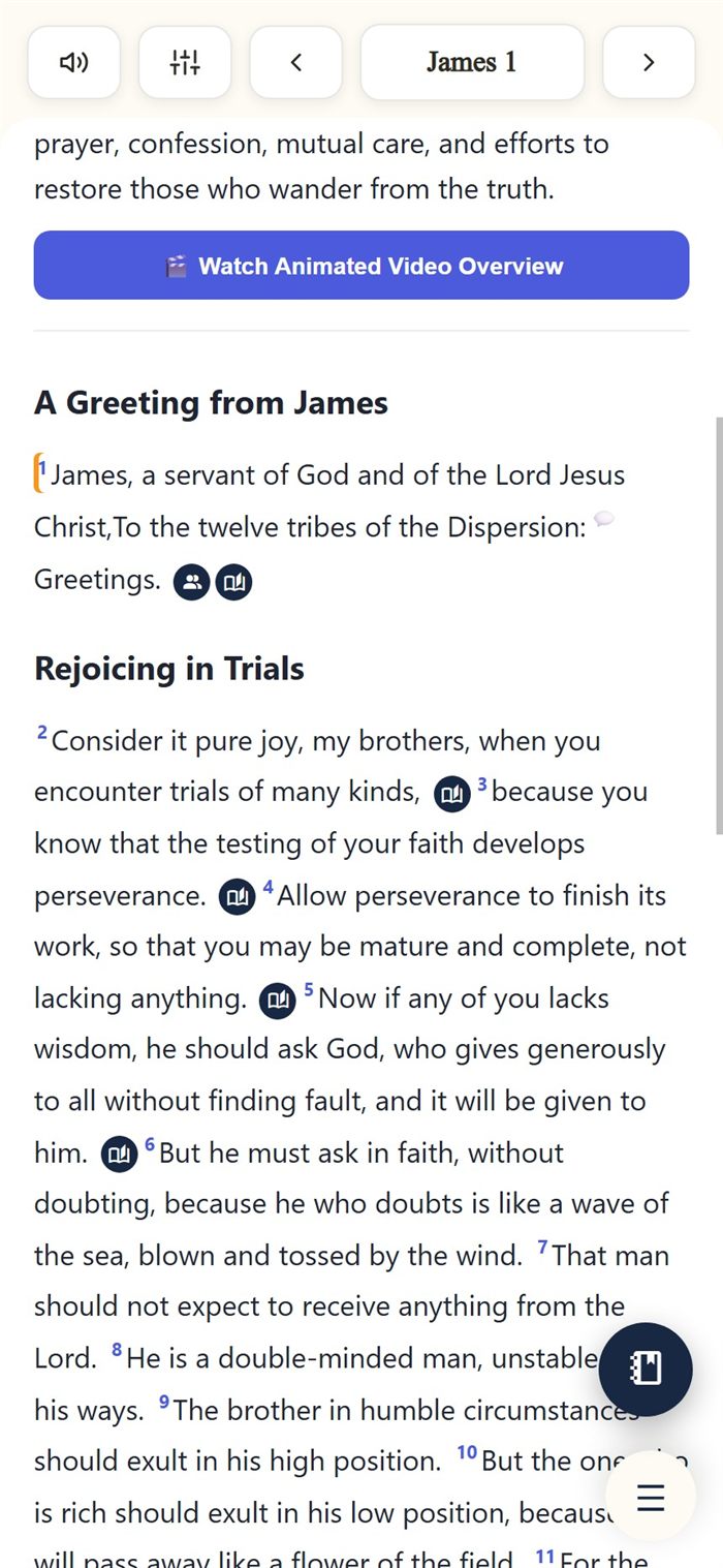 The Bible reader open to James 1, with the minimized notes bubble floating over the page so you can keep reading