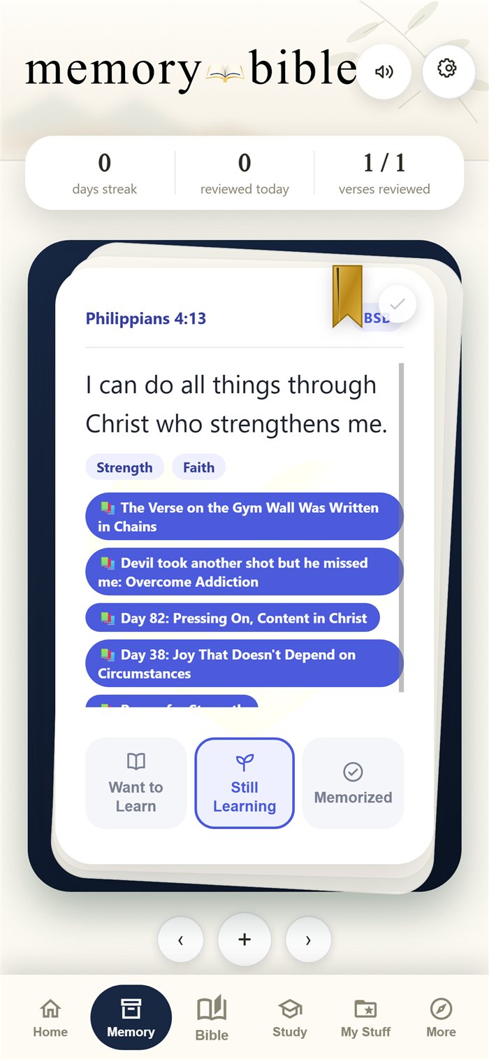Back of the memory card with the verse text and related study content