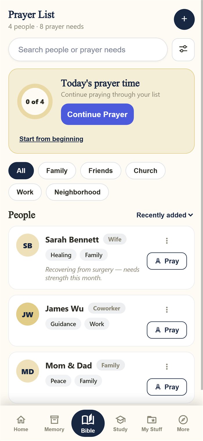 Prayer List showing people, needs, filters, and today's prayer progress