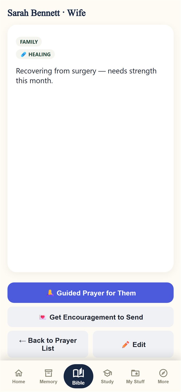 A person's prayer details with guided prayer and encouragement actions