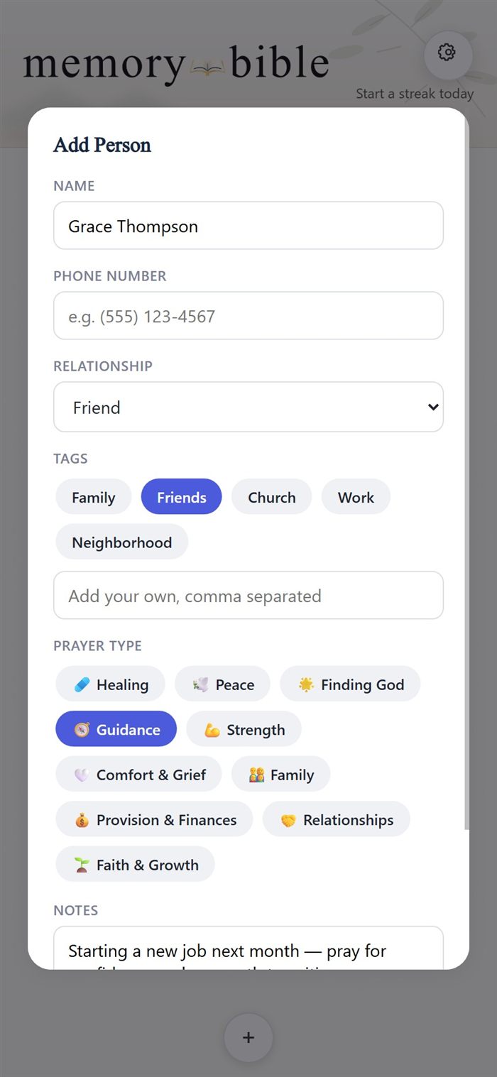The Add Person form filled in with a name, relationship, tags, and prayer type