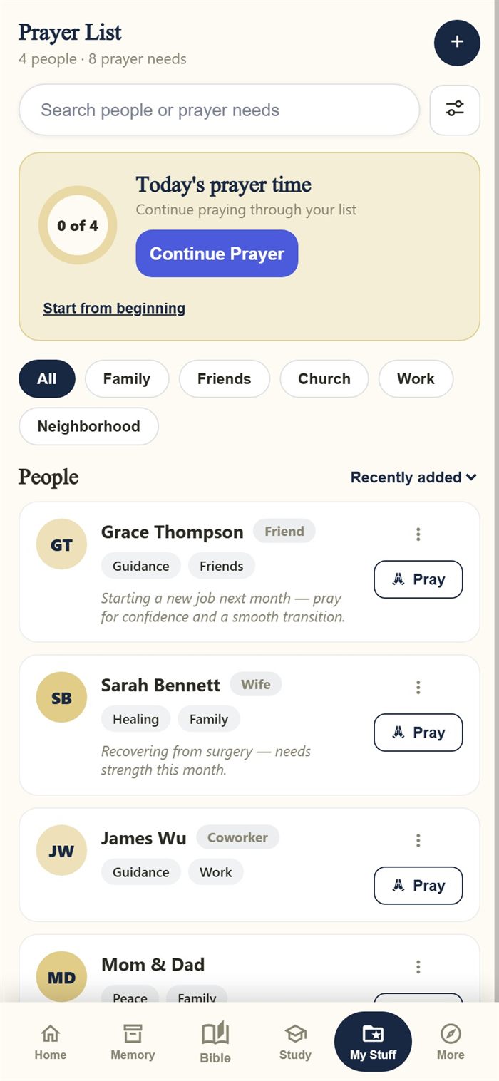 Prayer List now showing 4 people, with the newly added person at the top