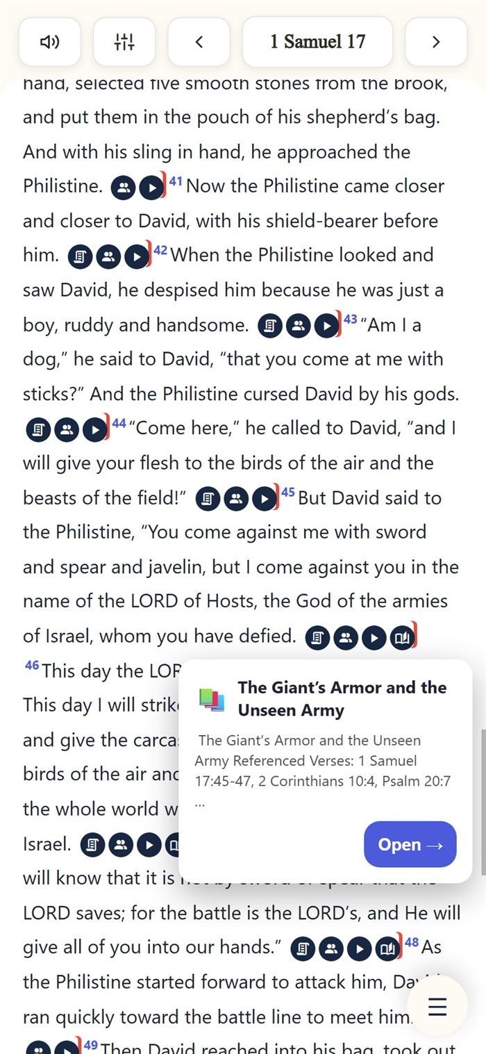 The Deep-Dive icon tapped, showing a peek card for a Deep-Dive on this verse