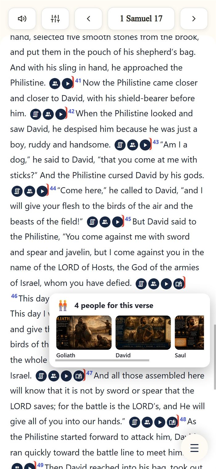 The Person icon tapped, showing a picker of Goliath, David, Saul, and a 4th person tied to this verse