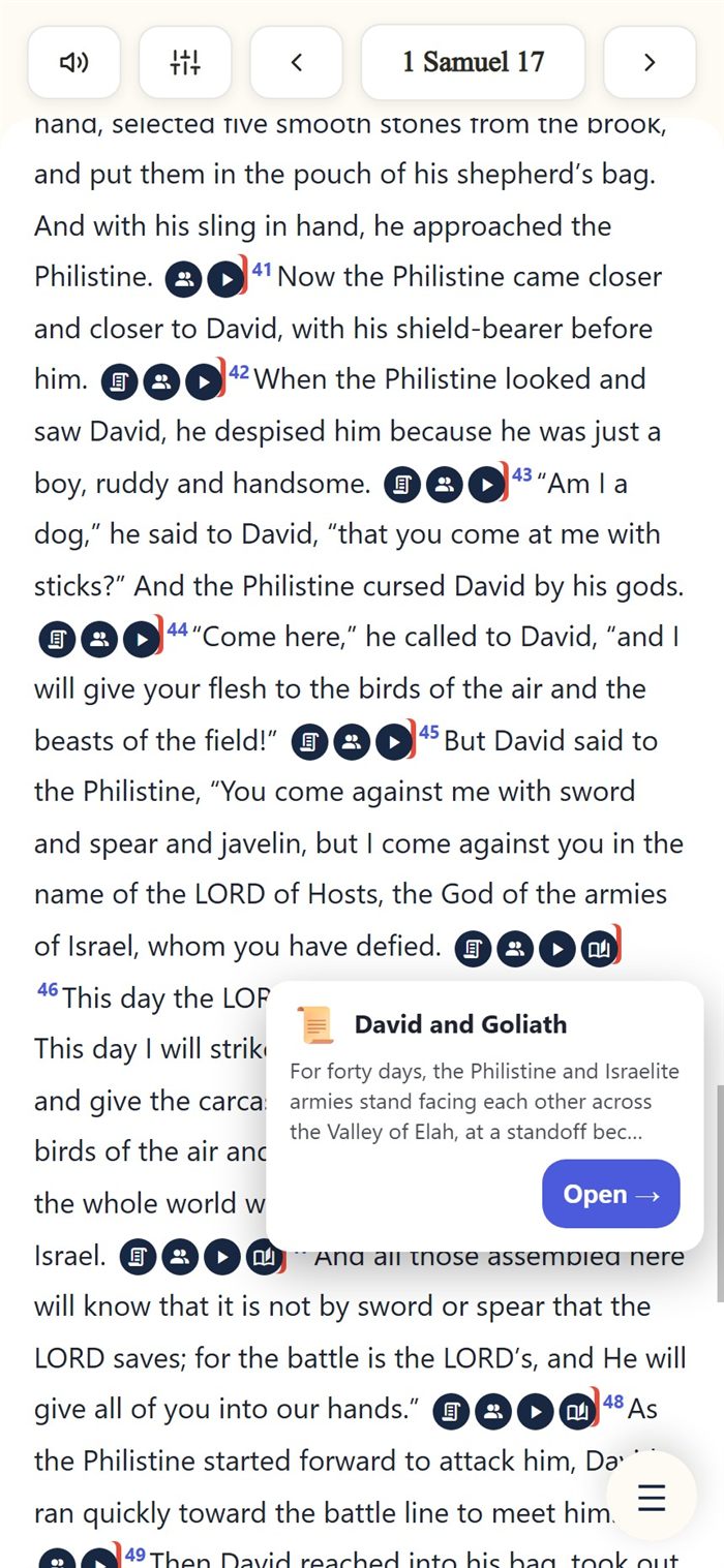 1 Samuel 17 with a Story icon tapped, showing a peek card for the David and Goliath story