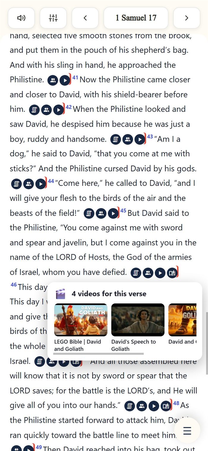 The Video icon tapped, showing a picker of videos about David and Goliath