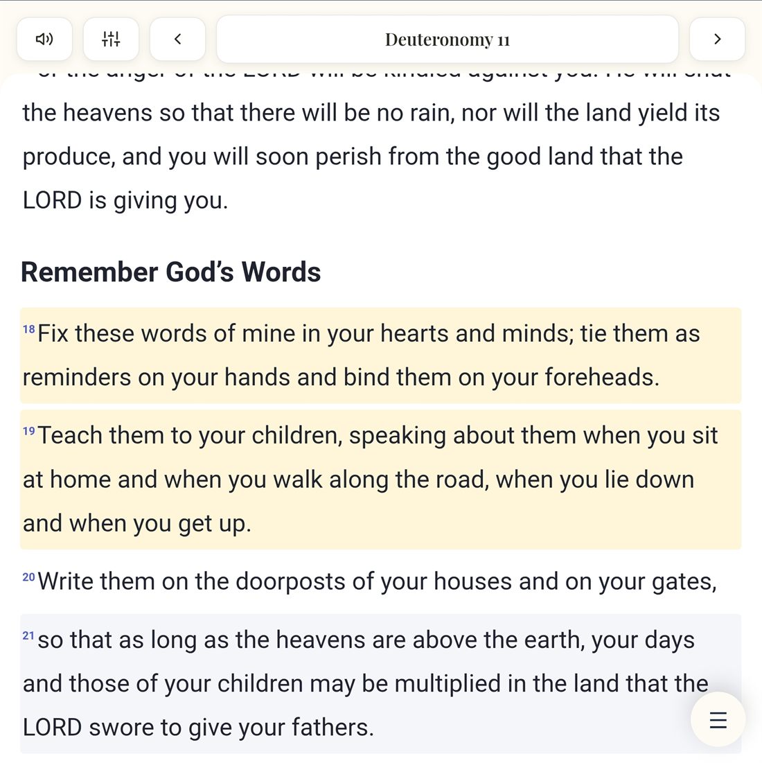 Memory Bible reader open to Deuteronomy 11 with the Remember God&rsquo;s Words passage highlighted