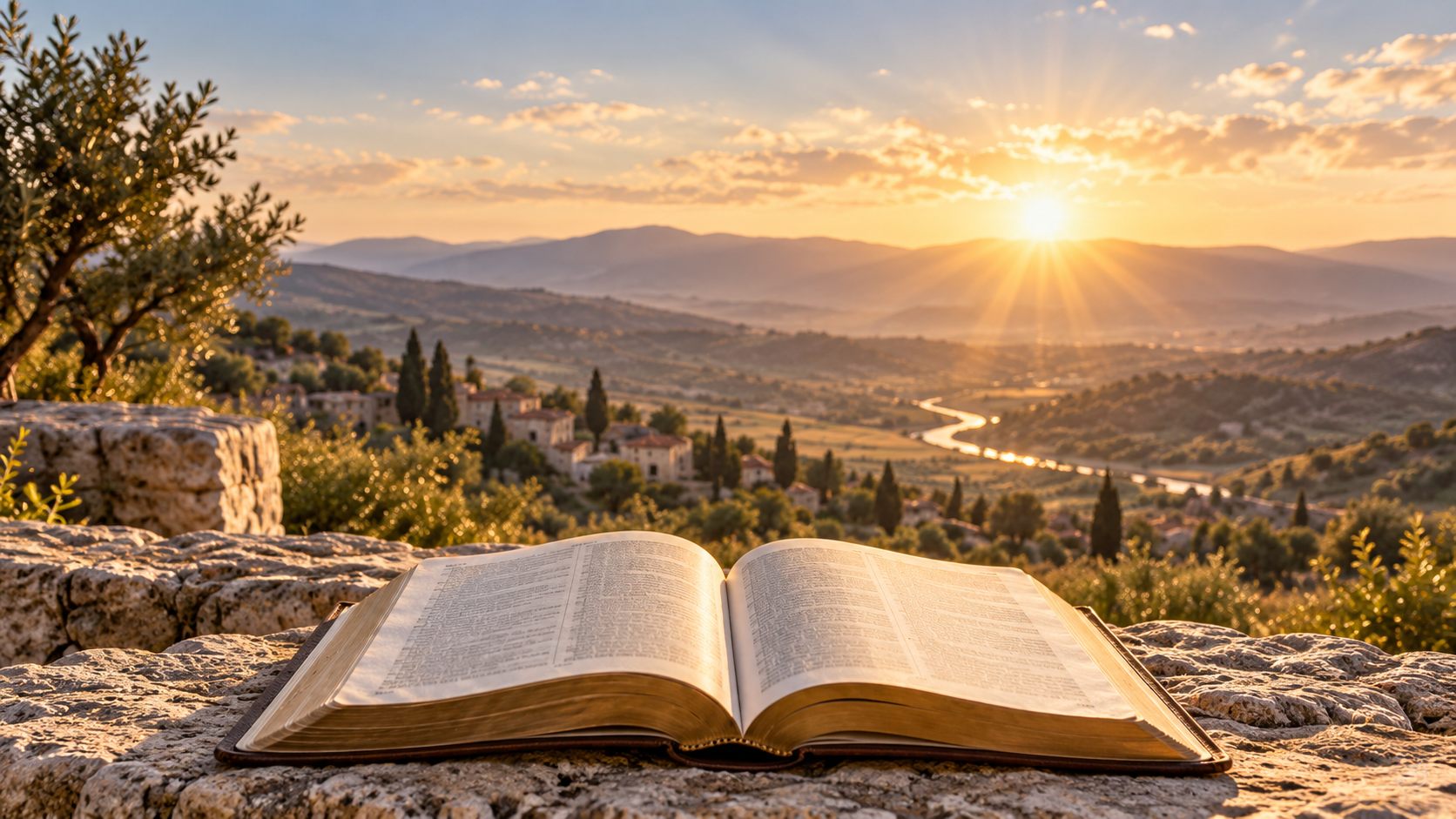 An open Bible in warm evening light