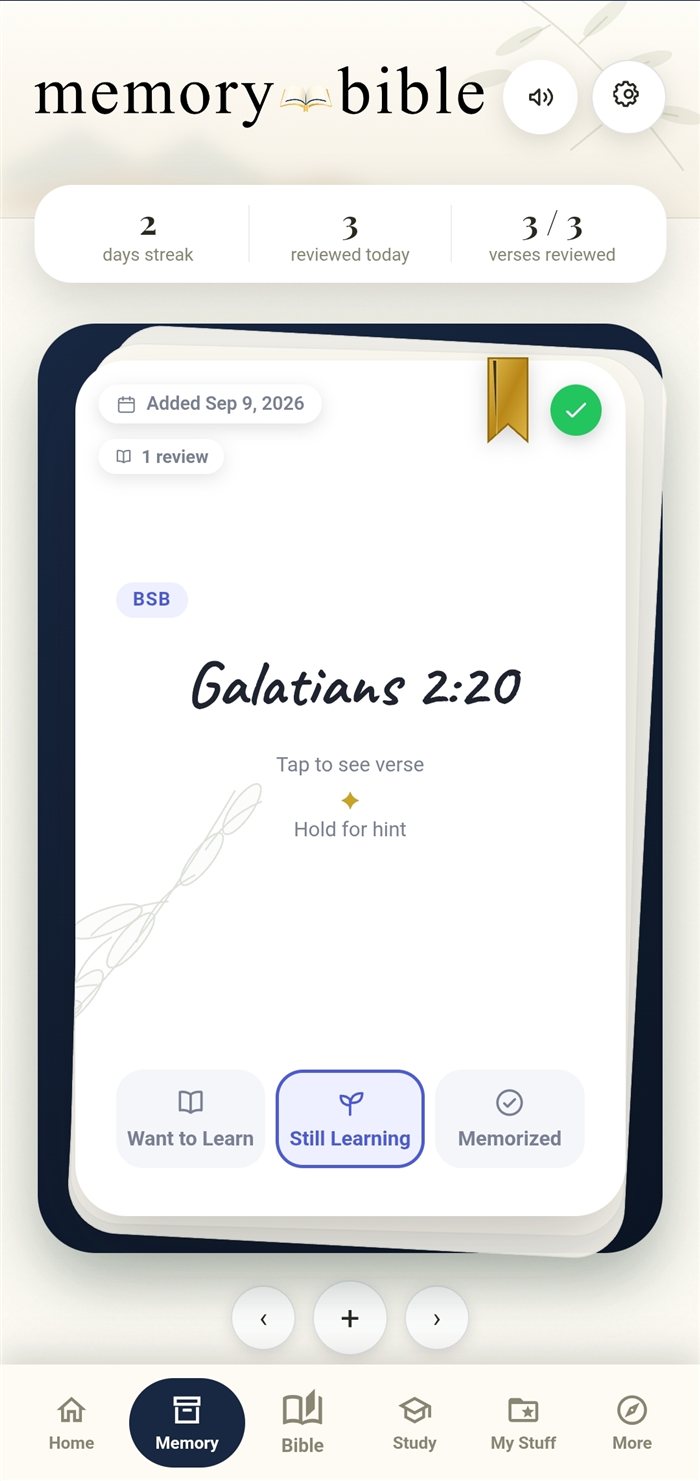 Memory Bible verse-review card for Galatians 2:20