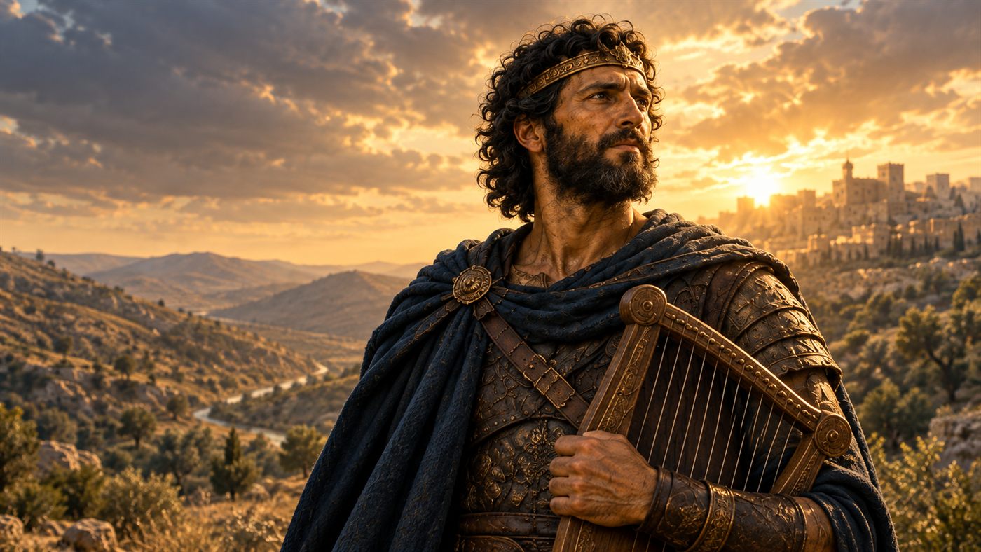 A cinematic portrait of King David holding a lyre in the Judean hills