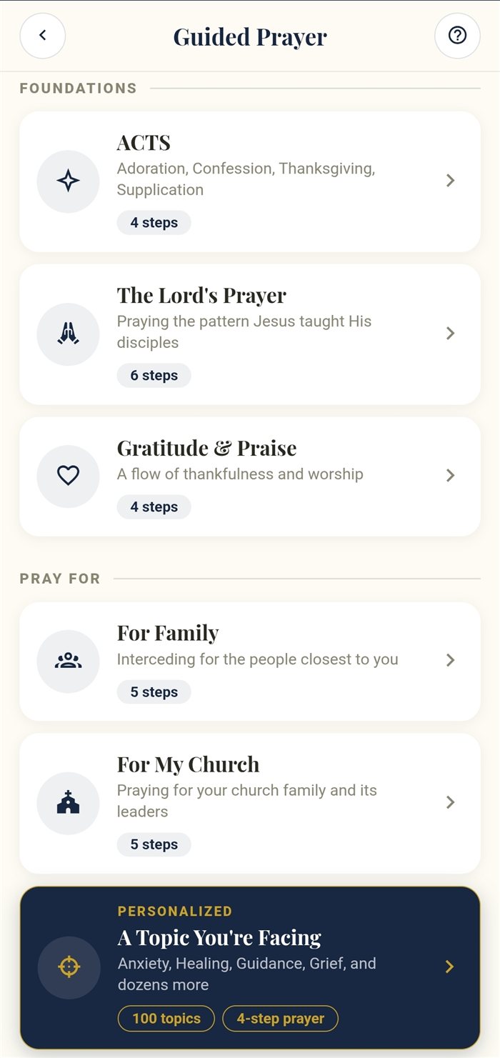 Memory Bible guided prayer choices: ACTS, the Lord's Prayer, gratitude, family, church, and a personalized topic